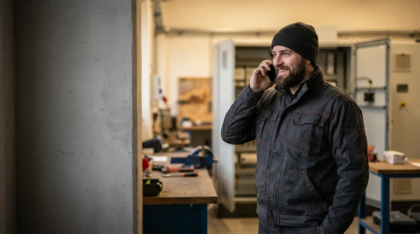 Technik Linebacker přijímá telefonát v dílně